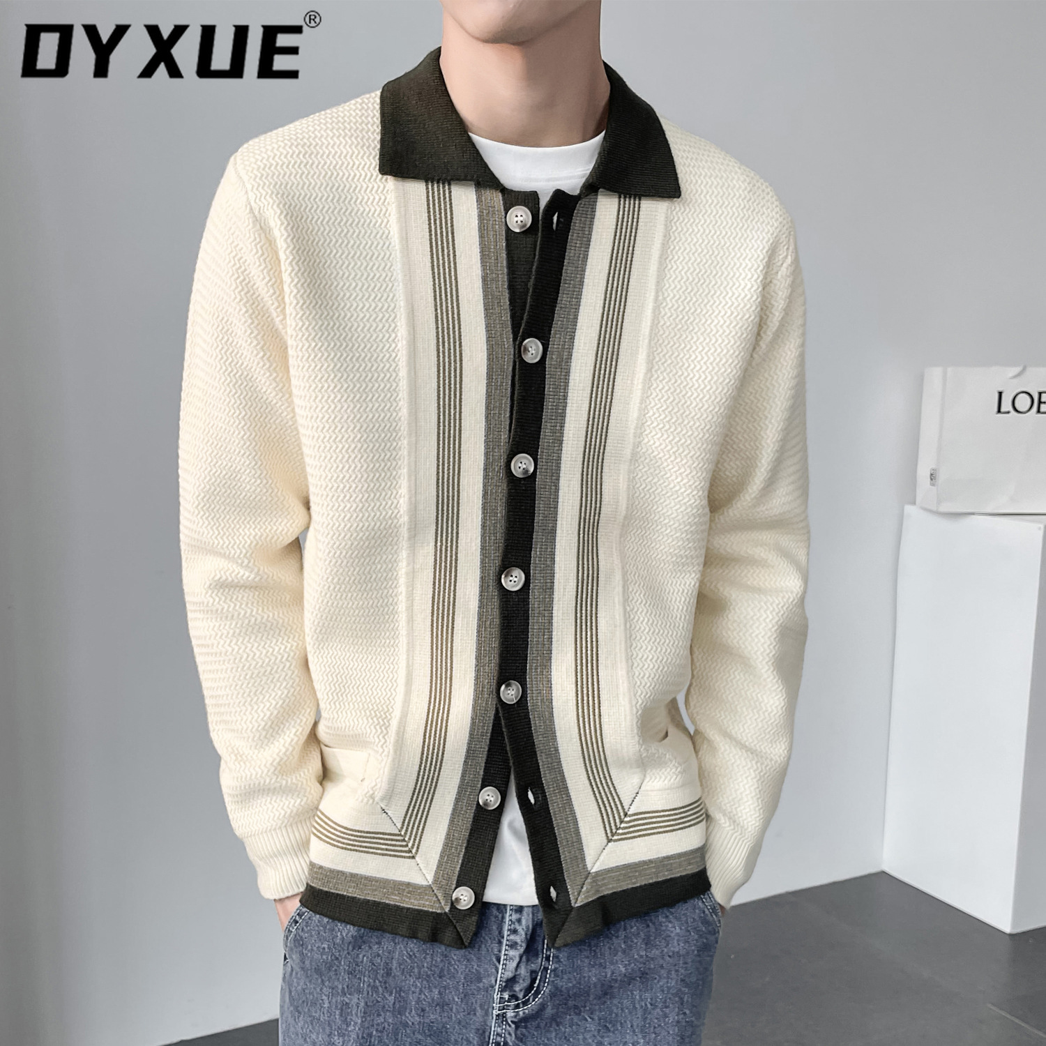 Light familiar style contrast color cardigan sweater 2022 autumn style sweater jacket men&s Korean casual long sleeve sweater